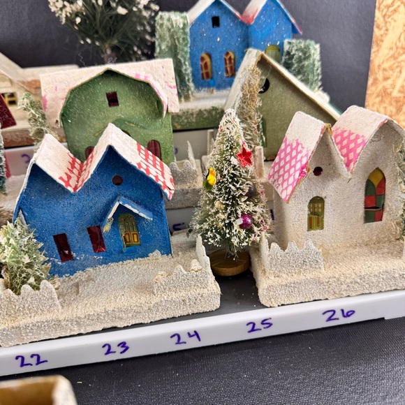 Set Of 11 Vintage Putz Houses Churches Beaded Bottle Brush Trees Japan - Picture 4 of 16